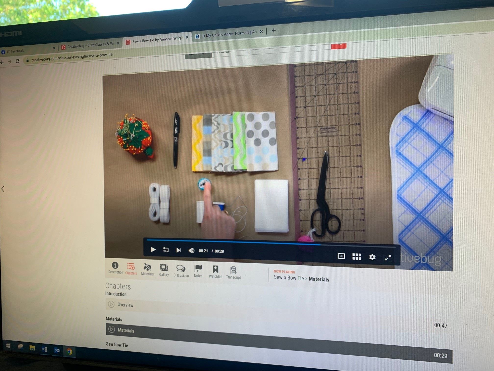 Creativebug screenshot of supplies for making bowties