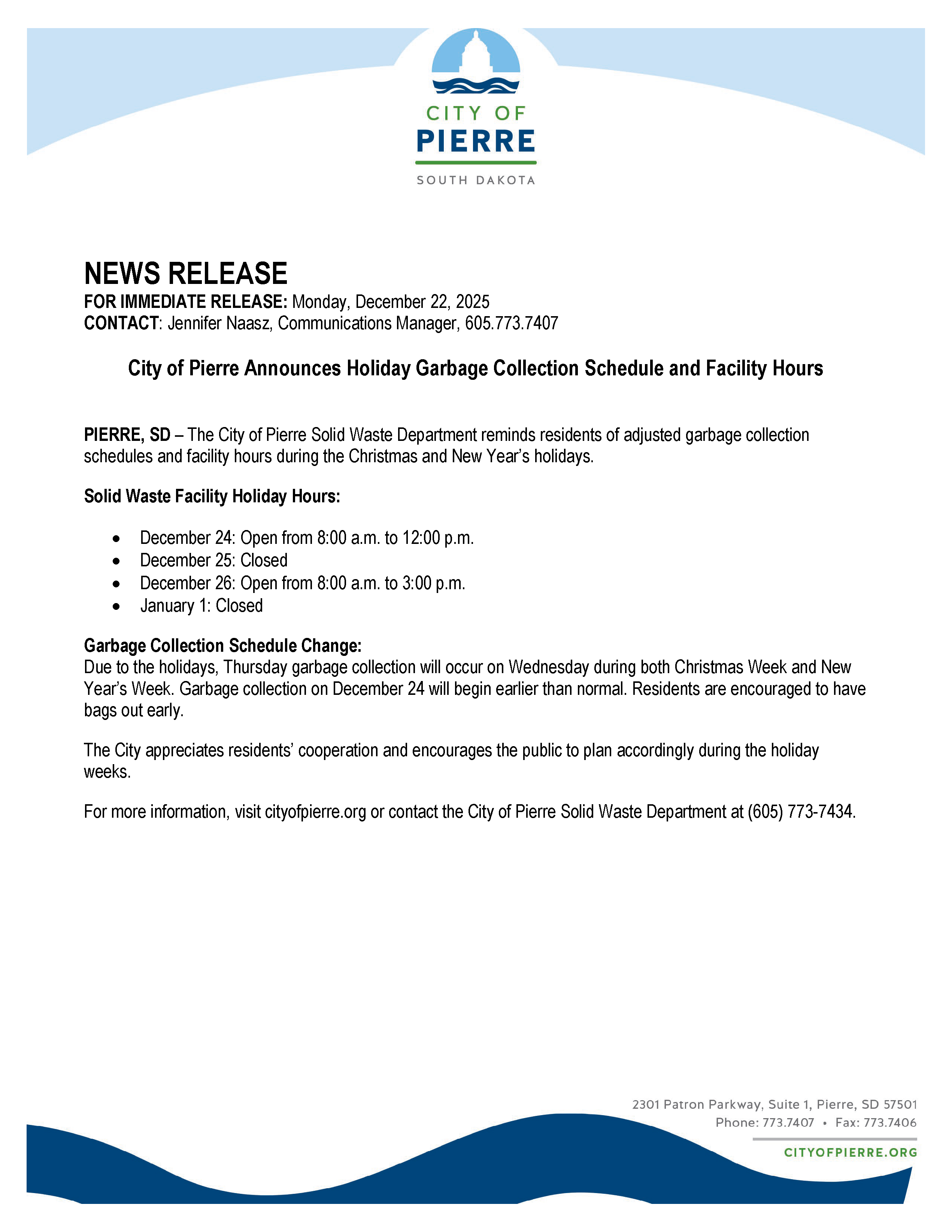 NEWS RELEASE_12.2025_Holiday_Garbage_Collection_and_Facility_Hours.docx